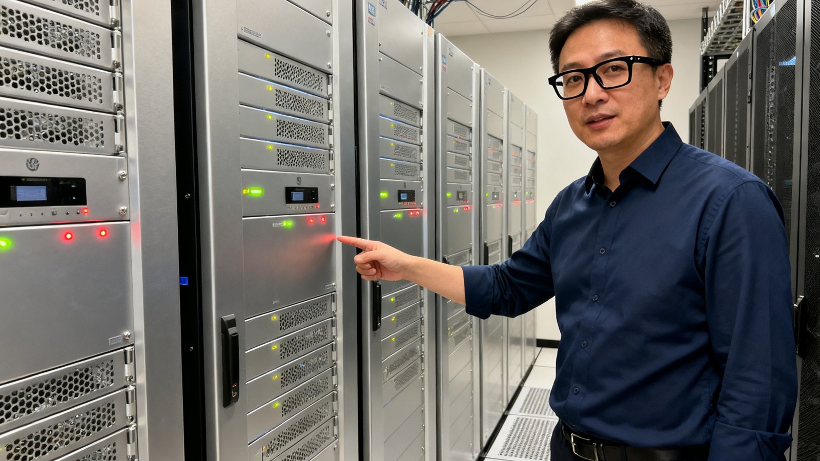 爱游戏CTO，戴眼镜，在服务器机房指着设备讲解